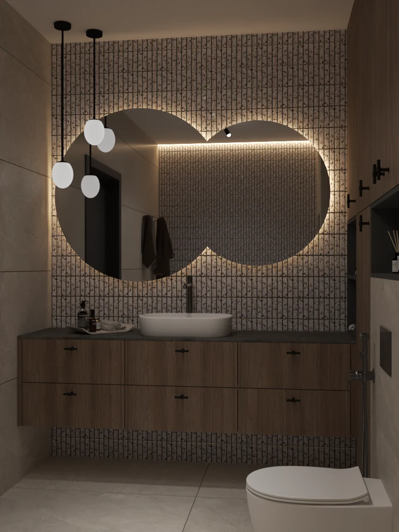 Elegancka łazienka z wanną półwolnostojącą i mozaiką lastryko — projekt Verami.Studio