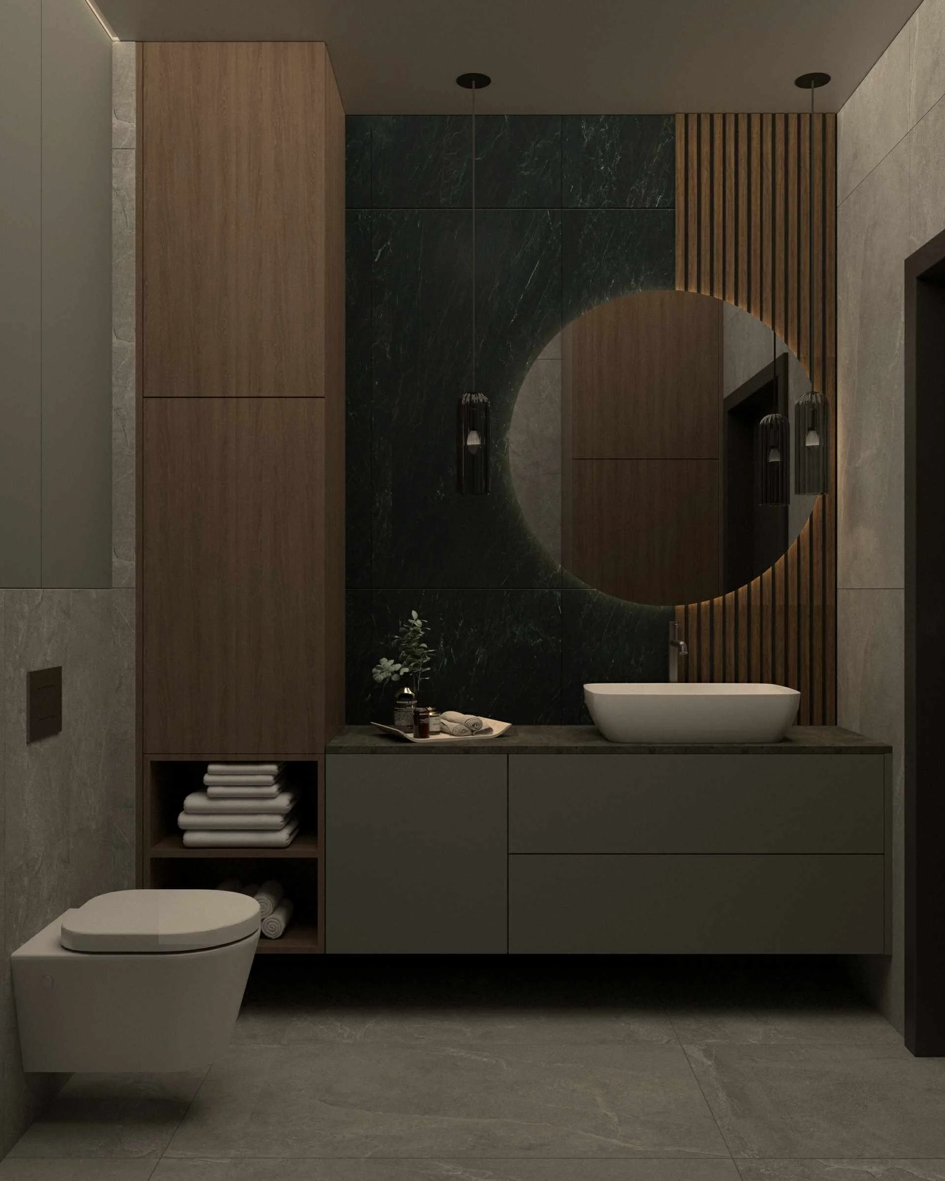 Nowoczesna łazienka z prysznicem walk-in i lamelami drewnianymi — projekt Verami.Studio