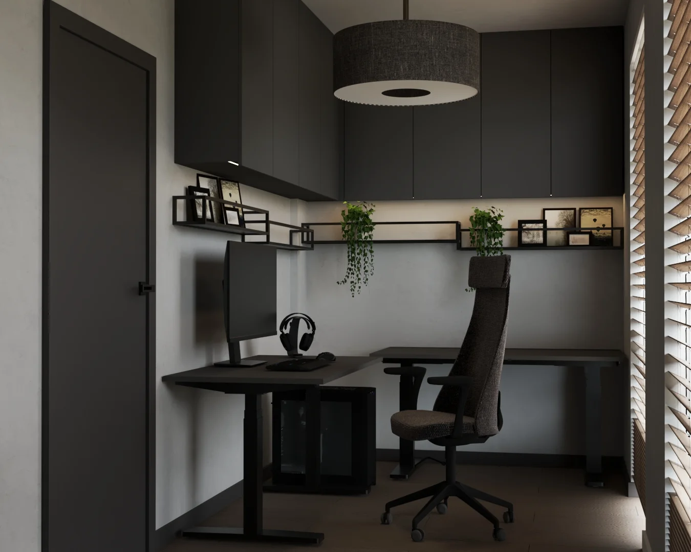 Nowoczesny pokój gamingowy i home office z biurkami regulowanymi — projekt Verami.Studio