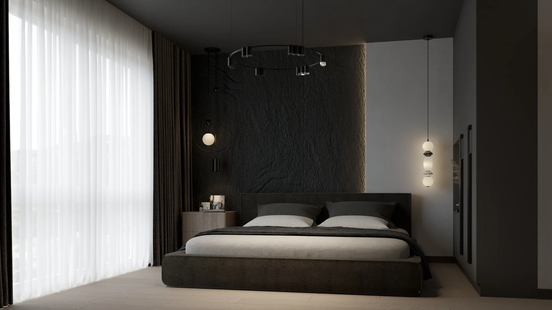 Minimalistyczna sypialnia z panelami kamiennymi i oświetleniem LED — projekt Verami.Studio